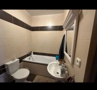 Bathroom in a 2-room apartment with a bathtub, sink, and toilet.