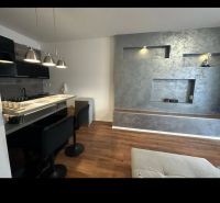 A kitchen corner with a bar counter and a floor with a wood decor in a 2-room apartment.