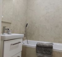 A bathroom in a 3-room apartment with a bathtub and storage cabinets.