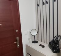Entrance hallway with a coat rack in a 3-room apartment with a wooden decor floor.