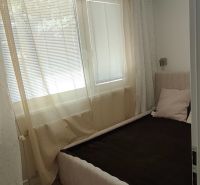 A bright interior of a 3-room apartment with a bed and wooden decor flooring.