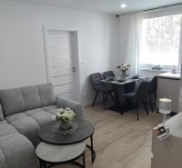 Living room in a three-room apartment with a wooden decor floor and a gray sofa.