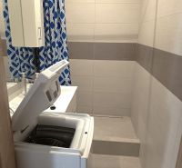 A bathroom with a washing machine and a shower, surrounded by tiles in a studio apartment.