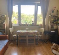 A room in a 2-room apartment with a wooden decor floor and a sofa.
