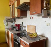 A kitchen in a 2-room apartment with a yellow wall and appliances, flooring with a wooden decor.