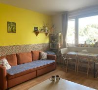Living room in a two-room apartment with a sofa, table, and wall decorations.
