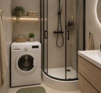 Bathroom in a 2-room apartment with a shower, washing machine, and sink.