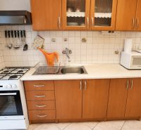 A kitchen in a studio apartment with a stove, kitchenette, and microwave oven.