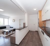Living room and kitchen in a 3-room apartment, with a wooden decor floor.