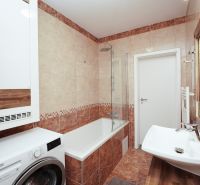 Bathroom with a bathtub, mirror, and washing machine, 3-room apartment; floor with wooden decor.