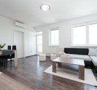 Bright living room with a sofa, dining table, and wood-patterned flooring.