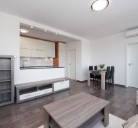 Living room in a 3-room apartment with a kitchen, floor with wood decor.