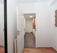 A hallway with a wooden decor floor leads to the kitchen in a 3-room apartment.