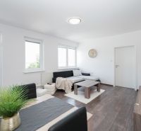Living room in a 3-room apartment with wood-patterned flooring, large windows, sofa.
