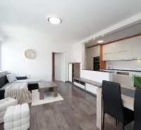 Living room with kitchen in a 3-room apartment with a wooden decor floor.