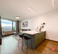 Living room in a two-room apartment with a wooden decor floor and a view of the city.