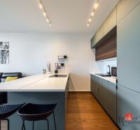 A kitchen in a 2-room apartment with a wooden decor floor, modern seating, and minimalist design.