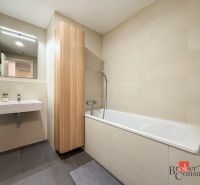 A bathroom with a bathtub and a sink in a 2-room apartment.