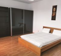 Bedroom in a 2-room apartment with a bed and a large wardrobe, wooden decor flooring.