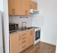 A kitchen in a 2-room apartment with a wooden decor floor, a microwave, and a stove.