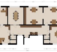 Floor plan of offices with wood decor flooring, rooms suitable for work activities.