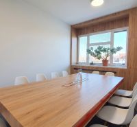 Office with a large table and chairs, floor with wooden decor, window with a plant.