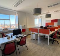 Offices with wood-patterned flooring and a view of the city through large windows.