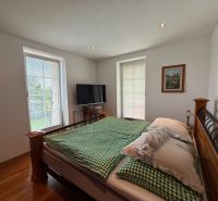 Bedroom in a family house with a comfortable bed and a television, floor with wooden decor.