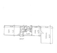 Floor plan of a 2-room apartment with a terrace, showing the layout of the rooms.