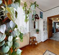 Interior of a 2-room apartment with plants, wooden decor flooring, white furniture, and a small rug.