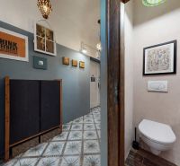 A hallway with interesting decorations and a built-in toilet in a 2-room apartment.