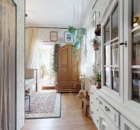 2-room apartment with wooden decor and a bookshelf, hanging plants, oriental carpet.