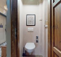 Toilet with a wall-hung bowl and a picture in a 2-room apartment, floor with wood decor.