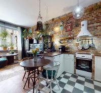 Interior of a 2-room apartment with a brick wall, houseplants, and a floor with a wood decor.