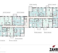 The floor plan shows the layout of various apartments in the project on Brigádnicka Street in Piešťany.
