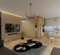 Living room of a three-room apartment with a wooden decor floor and a dining area.