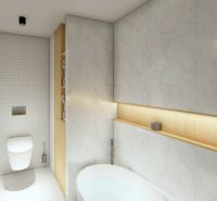A bathroom in a 3-room apartment with a bathtub, toilet, and wooden storage space.