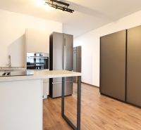 A kitchen in a studio apartment with a wood-patterned floor and built-in appliances.