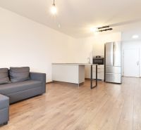 Living room with kitchen, gray sofa, and wooden decor flooring.