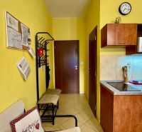 Interior of a vacation apartment with a kitchenette, microwave, coat rack, and wall decorations.