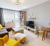 Living room in a two-room apartment with a sofa, table, and floor with a wooden decor.
