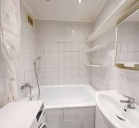 The bathroom in a two-room apartment contains a bathtub, a sink, a washing machine, and a mirror with shelves.