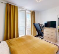 A bedroom in a 2-room apartment with a TV, a treadmill, and golden-hued curtains.