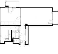 Floor plan of a 2-room apartment with a bathroom, kitchen, and living room.