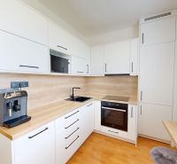White kitchenette with wood decor and built-in appliances in a 2-room apartment.