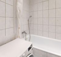 Bathroom with a shower, bathtub, and washing machine in a two-room apartment with tiles.