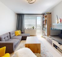 Living room in a two-room apartment with a wooden decor floor, a sofa, and a bookshelf.