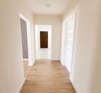 A hallway with a wooden decor floor in a 2-room apartment, white walls and interior doors.