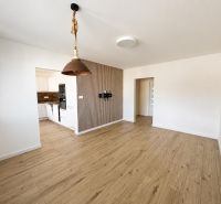 Living room with wood-patterned flooring connected to the kitchen in a two-room apartment.