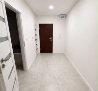 A bright hallway with a light floor in a 2-room apartment, white walls, and wooden doors.